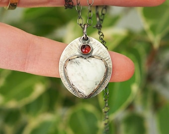 White Buffalo Turquoise Heart Pendant with Garnet