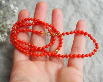 Natural Red Coral Necklace, 18k Red Coral Beaded Necklace, Candy Style Beads, 22” Layer Sardinian Coral, Hand Knotted Beads, 18k Luxe Beads