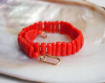 Italian Red Coral Bracelet Hand Knotted on Red Silk with 14k Gold Clasp,  7.5" Sardinian Coral