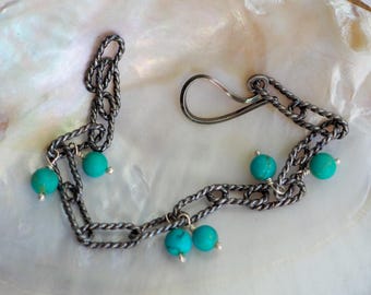 Handmade Darkened Sterling Silver Paperclip Chain Bracelet with Turquoise Dangles