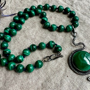 Cosmic Serpent Necklace, Malachite Snake, Large Snake Pendant, Malachite Statement Necklace, Snake Jewelry, Silver Snake 18 Necklace Beaded image 4