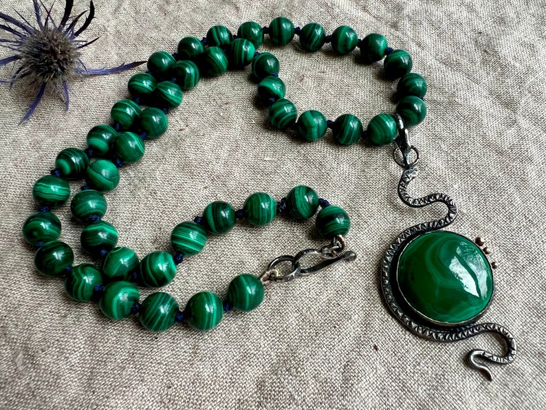 Cosmic Serpent Necklace, Malachite Snake, Large Snake Pendant, Malachite Statement Necklace, Snake Jewelry, Silver Snake 18 Necklace Beaded image 4