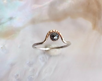 Rose Cut 4mm Black Diamond Ring, Mixed Metal 14k Gold Sterling Silver