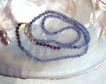 Faceted Tanzanite and Ruby Hand Knotted Beaded Necklace with Gold Clasp