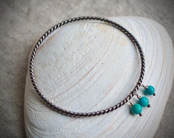 Darkened Silver Twisted Rope Bangle with Turquoise Dangles
