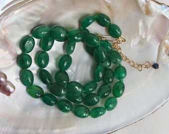Hand Knotted Green Quartz Beaded Necklace with Gold Clasp & Chain