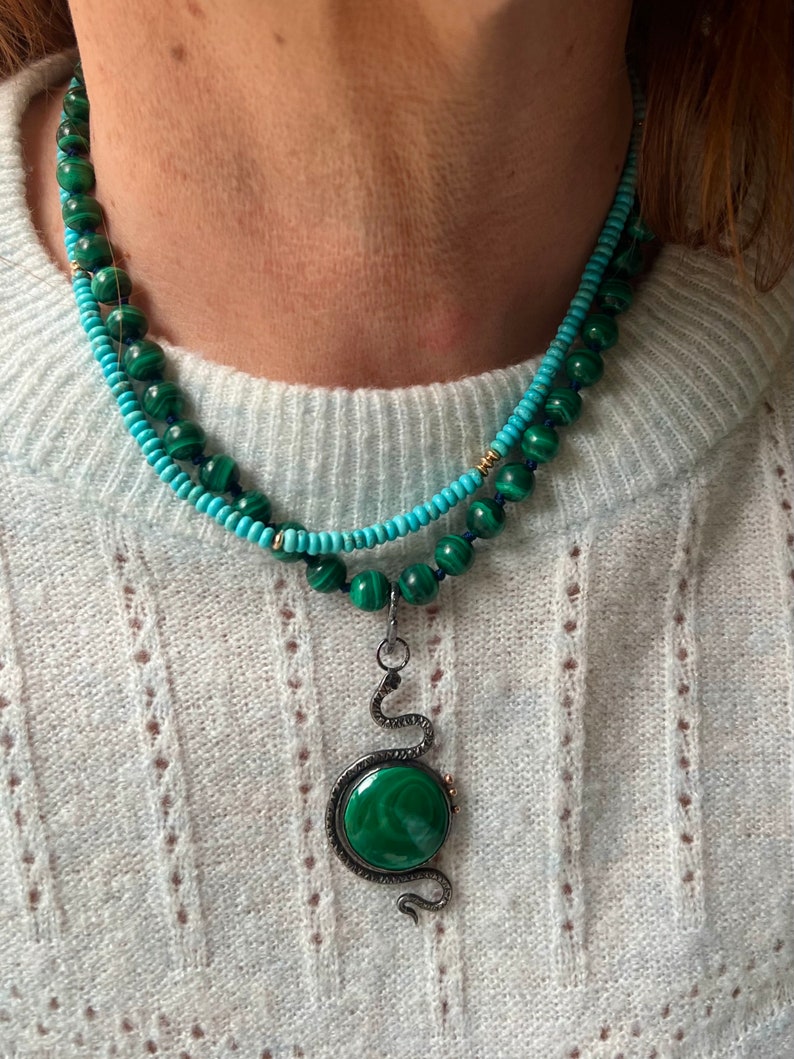 Cosmic Serpent Necklace, Malachite Snake, Large Snake Pendant, Malachite Statement Necklace, Snake Jewelry, Silver Snake 18 Necklace Beaded image 3