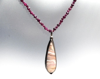 Sterling Silver Pink Lace Agate Pendant with Faceted Ruby Necklace