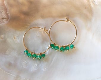 Gold Hoop Earrings with Natural Green Emerald Dangles