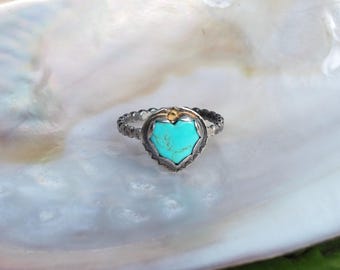 Small Sterling Silver Kingman Turquoise Heart Ring with 14k Gold Dot