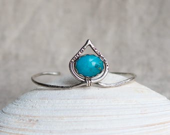 Hand Stamped Sterling Silver Alhambra Arch Cuff Bracelet with Blue Turquoise