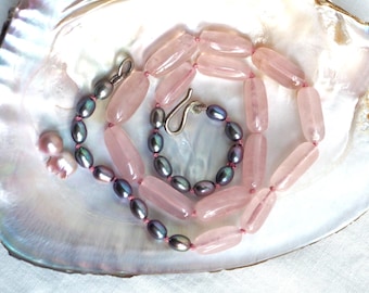 Rose Quartz and Peacock Pearl Knotted Necklace with Handmade Silver Hook Clasp
