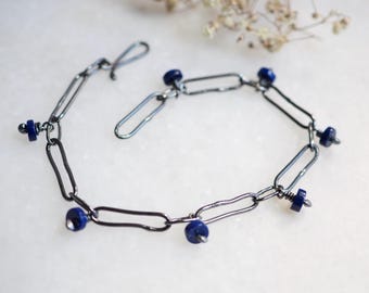 Darkened Sterling Silver Paperclip Chain Bracelet with Lapis Lazuli Dangles
