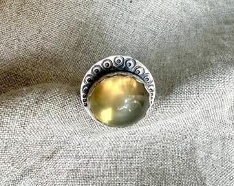 Glowing Green Moonstone Ring, Hand Stamped Sterling Silver