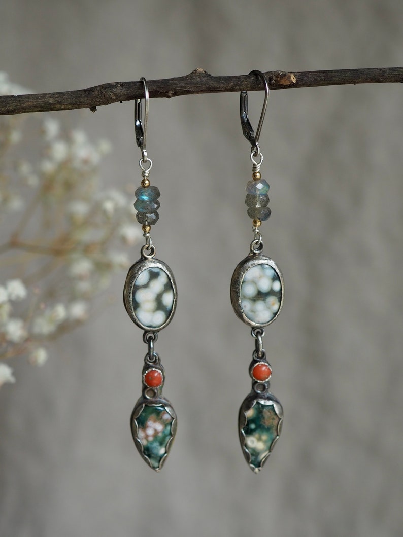 Long Ocean Jasper Earrings, Long Ocean Jasper Drops, Ocean Jasper Drop Earrings, Multi Stone Earrings, Long Drop Earrings, Nature Jewelry image 8