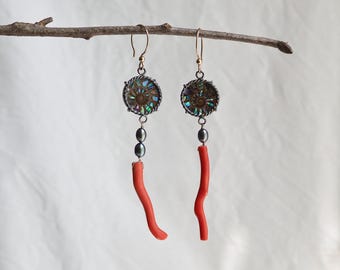 Fossil Ammonite, Japanese Coral and Pearl Mismatched Shoulder Duster Earrings