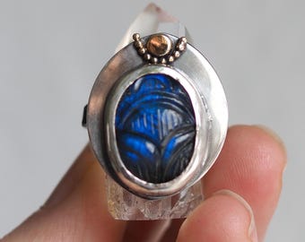 Dark Blue Labradorite Egyptian Scarab Ring, 14k Gold Sterling Size 8.5