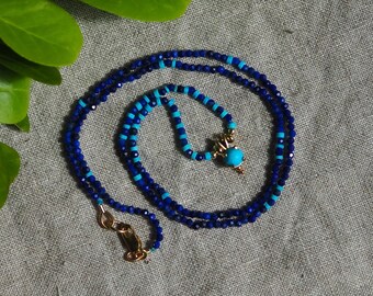 Gold Turquoise Pendant, Lapis Bead Necklace, Multi Stone Necklace, Turquoise and Lapis, 14k Lapis Necklace, Faceted Turquoise, Dainty Lapis