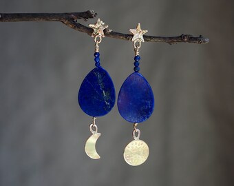 Lapis Lazuli Gold Earrings, 14k Lapis Dangle Earrings, Teardrop Lapis Lazuli, Lapis Drop Earrings, Sun and Moon Earrings, Celestial Earrings