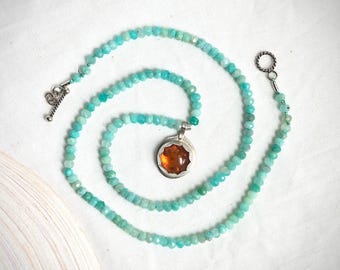 Sea and Sand Necklace with Amazonite and Honey Brown Baltic Amber