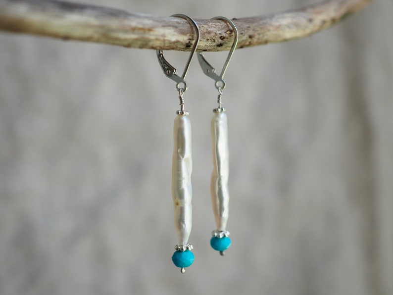 Long Pearl Earrings, Sleeping Beauty Turquoise, White Biwa, Wedding Earrings, Stick Pearl Earrings, Organic Pearl, White Stick Pearl Jewelry image 2