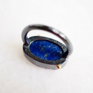 Large Lapis Ring, Oval Lapis Ring with Gold Dots, Lapis Statement Ring, Dark Silver Jewelry, Petal Ring, Lapis Lazuli Jewelry, Mixed Metal image 10