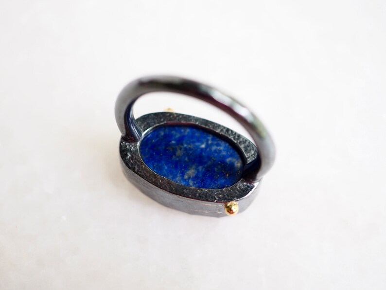 Large Lapis Ring, Oval Lapis Ring with Gold Dots, Lapis Statement Ring, Dark Silver Jewelry, Petal Ring, Lapis Lazuli Jewelry, Mixed Metal image 10