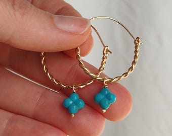 Pop of Blue Twisted 14k Gold Hoops with Turquoise Lucky Clovers