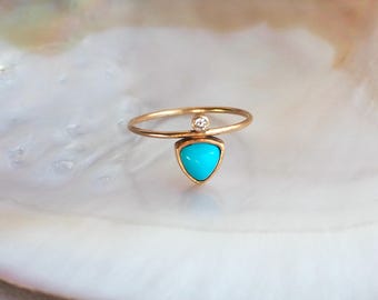 Solid 14k Gold Sleeping Beauty Turquoise and White Diamond Ring
