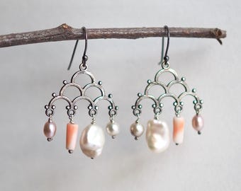 Sterling Silver Chandelier Earrings with Akoya Pearls and Japanese Momo Coral Dangles, Coastal Bridal Jewelry