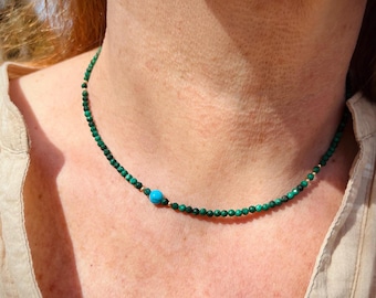 Petra Necklace with Faceted Green Malachite, Blue Turquoise and 14k Gold Beads