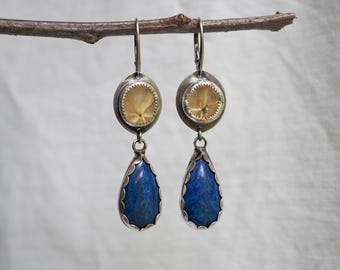 Rutilated Star Quartz and Lapis Drop Darkened Silver Celestial Earrings, Dark Night Sky Jewelry