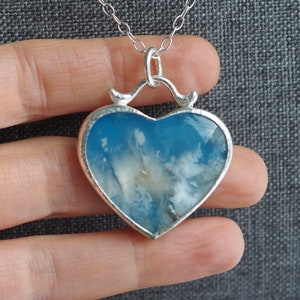 Large Heart Pendant, Stunning Plume Agate Necklace, Plume Agate Statement Jewelry, Unique Heart Necklace, Cloud Heart Pendant, Blue Heart