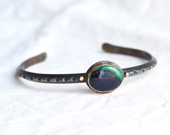 Deep Blue Ocean Dark Silver Cuff with Azurite and 14k Gold Accents