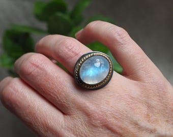 Large Blue Moonstone Eye Ring, Mixed Metal Darkened Silver & 14k Gold, Size 8