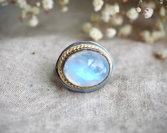 Large Blue Moonstone Eye Ring, Mixed Metal Darkened Silver & 14k Gold, Size 8