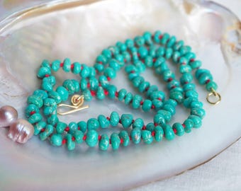Whitewater Turquoise Necklace Hand Knotted Red Silk with Gold Clasp