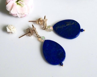 Inanna's Dream Earrings with Lapis Lazuli and Opal, 14k Gold