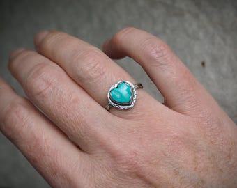 Little Turquoise Heart Ring, Hand Stamped Silver with 14k Gold Dot