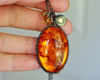 Keeper of Dreams Amber Necklace with Sun Charm & Citrine Dangle