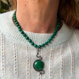 Cosmic Serpent Necklace, Malachite Snake, Large Snake Pendant, Malachite Statement Necklace, Snake Jewelry, Silver Snake 18 Necklace Beaded image 2