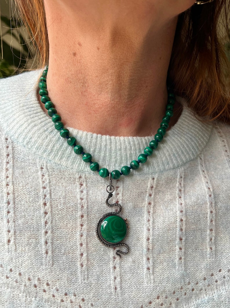 Cosmic Serpent Necklace, Malachite Snake, Large Snake Pendant, Malachite Statement Necklace, Snake Jewelry, Silver Snake 18 Necklace Beaded image 2