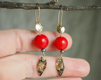 Large Red Coral Earrings, 14k Gold Coral Drop Earrings,  Coral Pearl Dangle Earring, Red Coral Earrings, Coral Jewelry, Long Coral Earrings