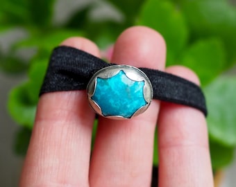 Unique Sterling Silver and Turquoise Hair Jewelry, Hand Stamped Decorative Ponytail Holder