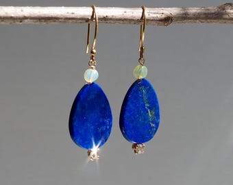 Lapis Diamond Drops, Solid 14k Gold Celestial Night Sky Earrings