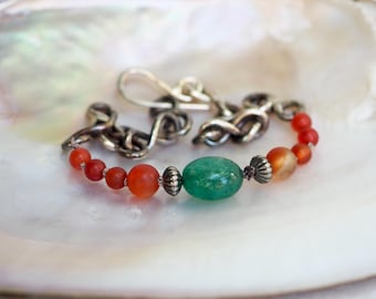 Handmade Darkened Sterling Silver Infinity Chain Bracelet with Emerald Green Quartz and Carnelian