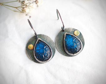 Night Flower Earrings with Blue Labradorite,  Mixed Metal Silver & 14k Gold