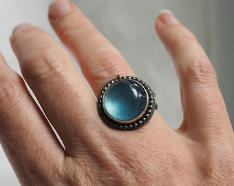 Large Aquamarine Ring in Dark Sterling Silver and 18k Gold