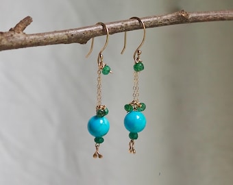 Arizona Turquoise and Green Emerald 14k Gold Earrings