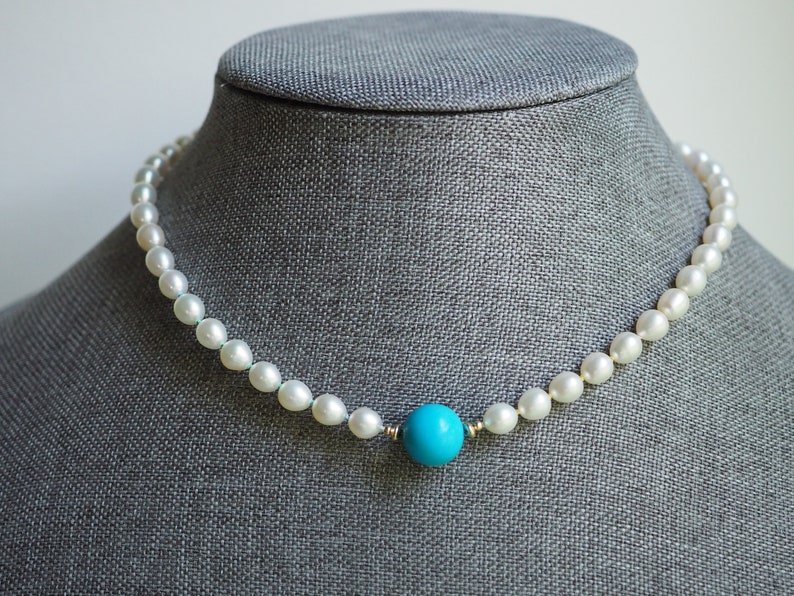 White Pearl Choker, Pearls and Turquoise necklace, Gold Pearl Necklace, Knotted Pearls 14k, Wedding Necklace, Rainbow Silk Pearls image 7